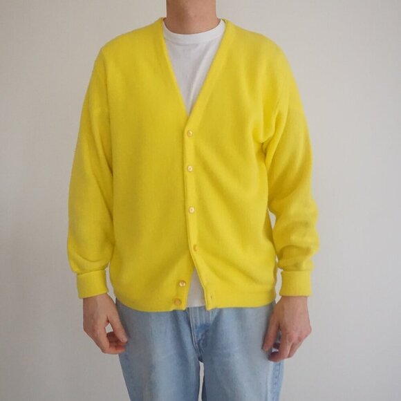 Vtg '90S Jockey Trophy Yellow Wool Blend Fine Knit Button Up Cardigan Sweater L - Picture 1 of 9